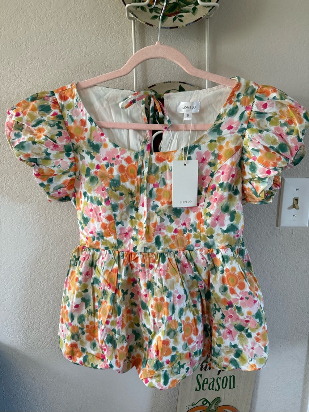Lovelo Floral Puff Sleeve Peplum Top - Pink, Orange, Green
